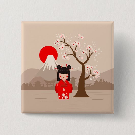 Kokeshi - Japanse dollar Vierkante Button 5,1 Cm (Voorkant)