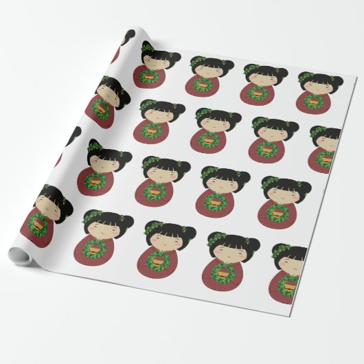 Kokeshi Kerstmis Wreath Cadeaupapier (Uitgerold)