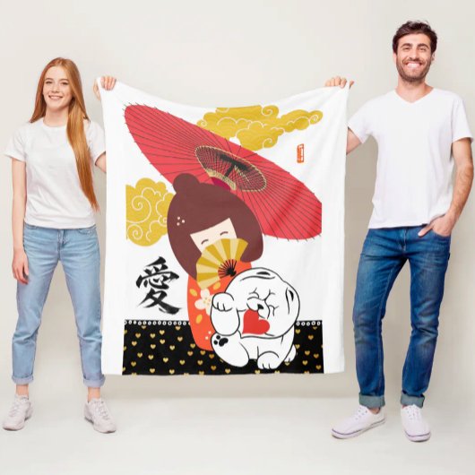 KOKESHI LOVE  Chow dog heart  Fleece Deken
