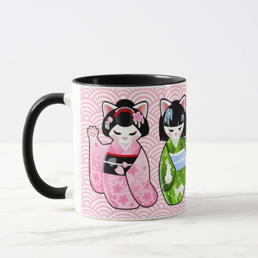 Kokeshi Maneki Neko Japans Lucky Kat Vier Seizoen Mok (Links)