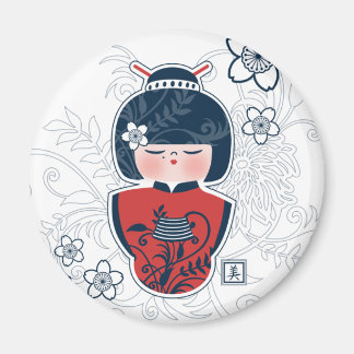 Kokeshi marine wit rood magneet