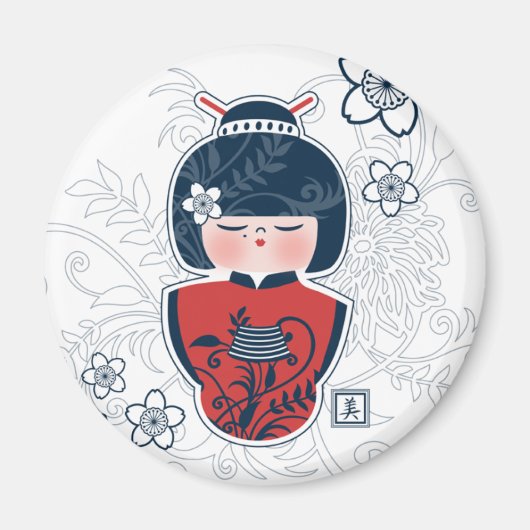 Kokeshi marine wit rood magneet (Voorkant)