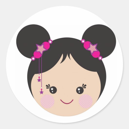 Kokeshi met Buns Ronde Sticker (Voorkant)