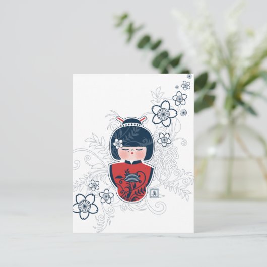 kokeshi navy white red briefkaart (Staand voorkant)
