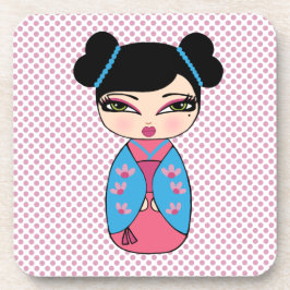 Kokeshi-pop 2 coasters met kurk achterkant - set v bier onderzetter