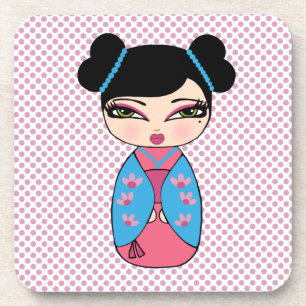 Kokeshi-pop 2 coasters met kurk achterkant - set v bier onderzetter
