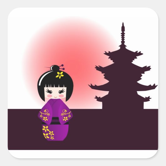Kokeshi pop en Japanse tempel Vierkante Sticker (Voorkant)