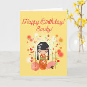 Kokeshi-pop Happy Birthday Kaart (Gele Bloem)