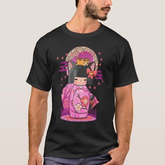Kokeshi Pop Kat Japans Esthetisch T-shirt (Voorkant)