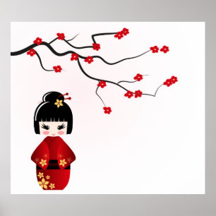 Kokeshi-pop onder sakura-poster poster