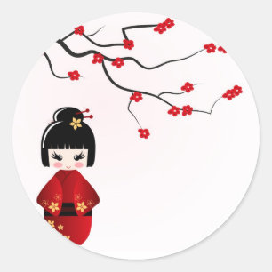 Kokeshi-pop onder sakura-tak ronde sticker