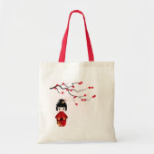 Kokeshi-pop onder sakura-tak tote bag (Voorkant)