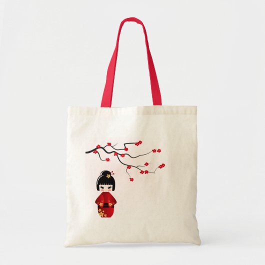 Kokeshi-pop onder sakura-tak tote bag (Voorkant)