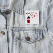 Kokeshi-pop onder sakura-tak vierkante button 5,1 cm (In situ)