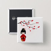 Kokeshi-pop onder sakura-tak vierkante button 5,1 cm (Voorkant /achterkant)
