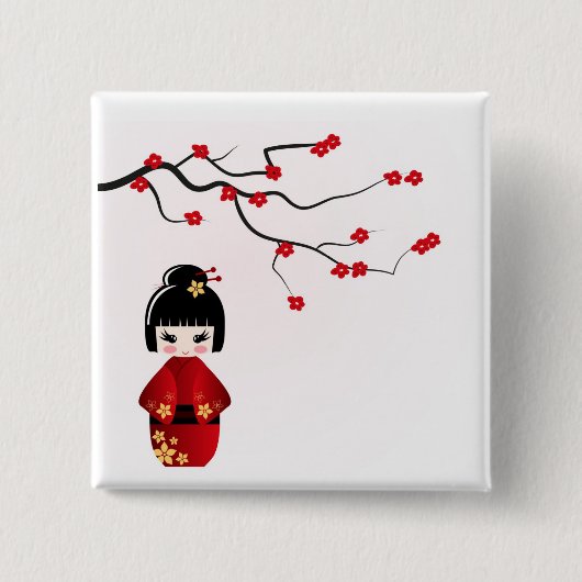 Kokeshi-pop onder sakura-tak vierkante button 5,1 cm (Voorkant)