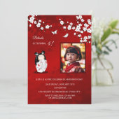 Kokeshi-pop rood wit | `Foto Meisje Verjaardag Kaart (Staand voorkant)