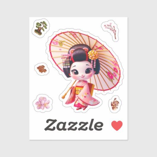 kokeshi pop stickers, Geisha met paraplu Sticker (Vel)