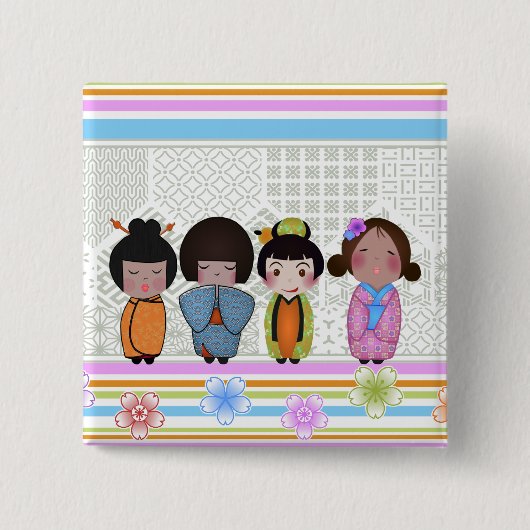 kokeshi poppen vierkante button 5,1 cm (Voorkant)