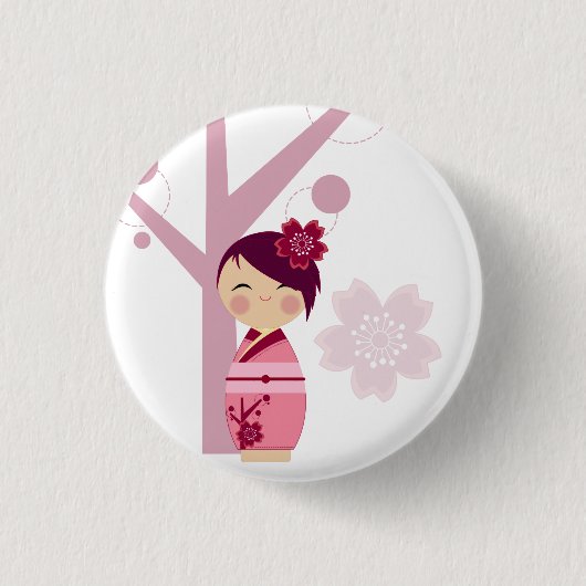 Kokeshi Sakura en Cherry Tree Pin Ronde Button 3,2 Cm (Voorkant)