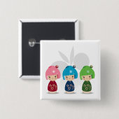 Kokeshi Triplets Butterfly BKGD Vierkante Button 5,1 Cm (Voorkant /achterkant)