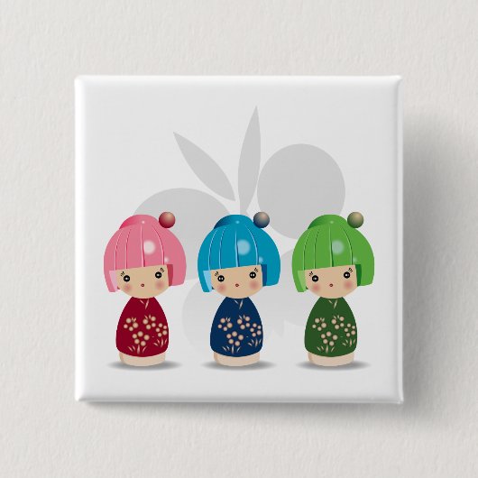 Kokeshi Triplets Butterfly BKGD Vierkante Button 5,1 Cm (Voorkant)