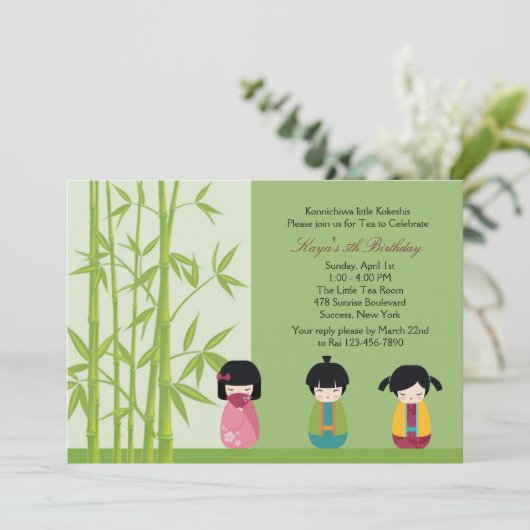 Kokeshi Vrienden Uitnodiging (Staand voorkant)