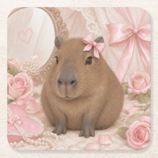 kokette capibara roze strik onderzetter (Voorkant)