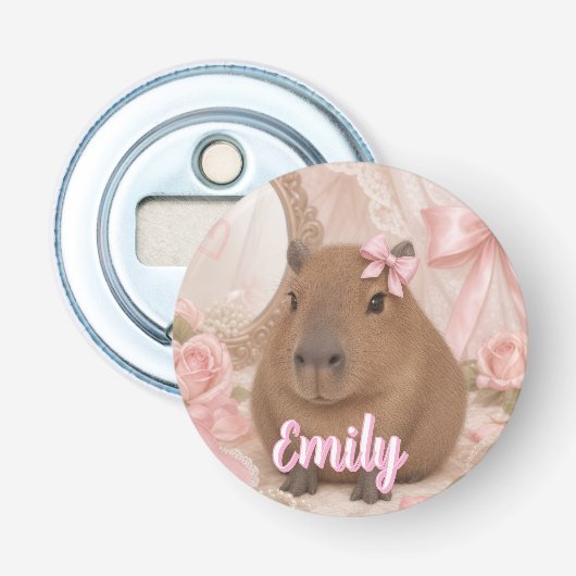 kokette capybara roze strik button flesopener (Voorkant)