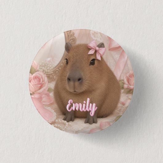 kokette capybara roze strik ronde button 3,2 cm (Voorkant)