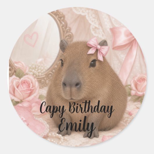 kokette capybara roze strik ronde sticker (Voorkant)