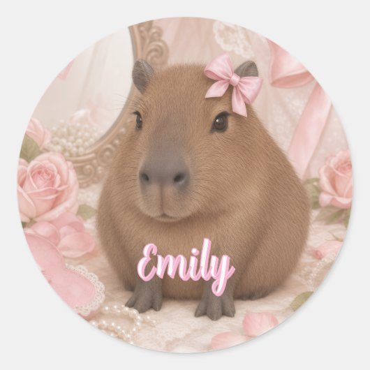 kokette capybara roze strik ronde sticker (Voorkant)