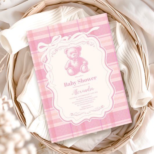 Kokette Gingham Franse Teddybeer Baby Shower Kaart