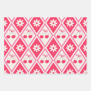 Kokette kersen en roze linten op rode ruiten inpakpapier vel