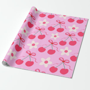 Kokette kersen met rode linten en witte bloemen cadeaupapier