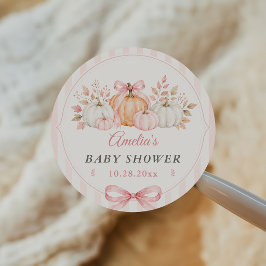 Kokette pompoen roze strik babyshower ronde sticker
