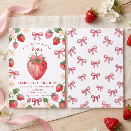 Kokette Roze Strik Aardbei Eerste Verjaardag Kaart