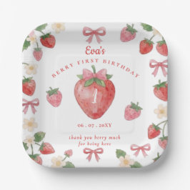 Kokette Roze Strik Aardbei Eerste Verjaardag Papieren Bordje