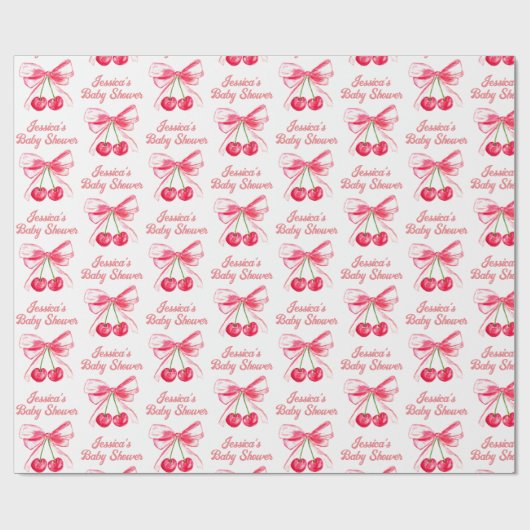 Kokette Roze Strik Kers Girlige Baby Shower Cadeaupapier (Vlak)