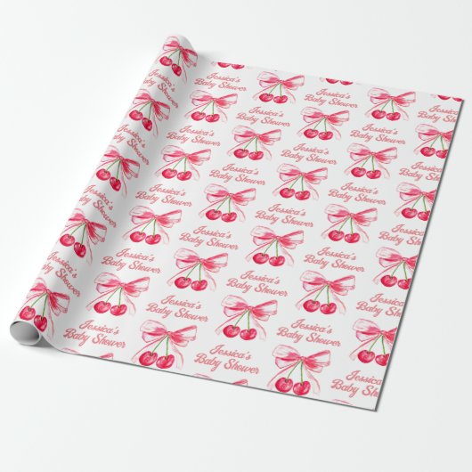 Kokette Roze Strik Kers Girlige Baby Shower Cadeaupapier (Uitgerold)