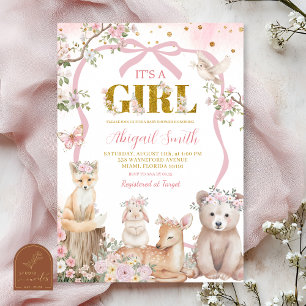 Kokette rozekleurige strik bosdieren babyshower kaart