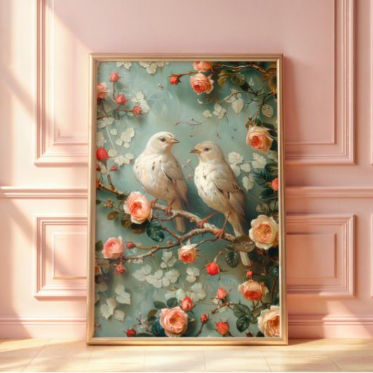 Kokette vogels bloemstuk poster