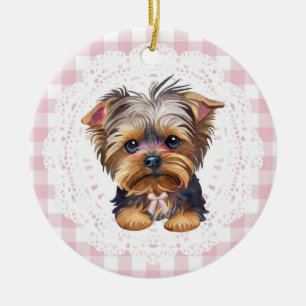 Kokette Yorkshire Terrier Hond Roze Gingham Strikj Keramisch Ornament