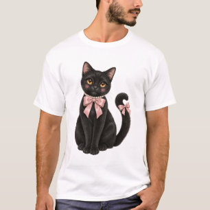 Kokette Zwarte Kat met Parels Schattige Pastel Hal T-shirt