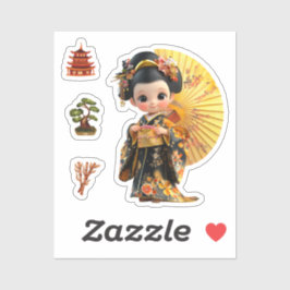 Kokishi Doll Zwart en Goud met paraplu. Sticker