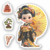 Kokishi Doll Zwart en Goud met paraplu. Sticker (Voorkant)