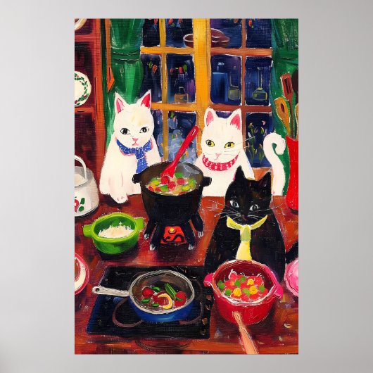 Kokkende kattenprint  Whimsical kitchen kat Poster (Voorkant)