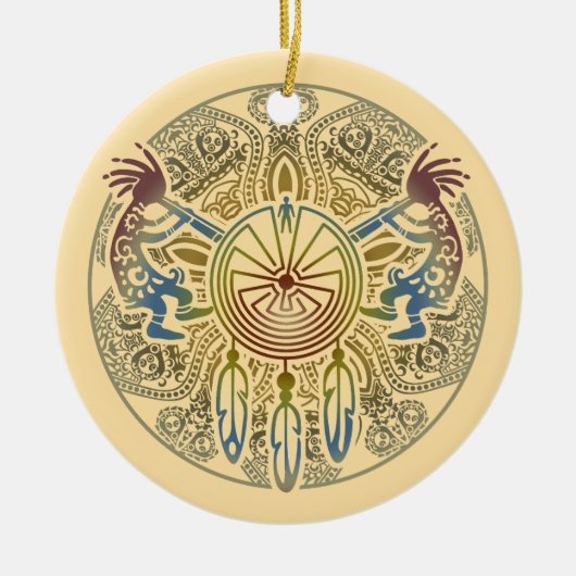 Kokopelli Duo - Man in het doolhof - Dreamcatcher Keramisch Ornament (Voorkant)