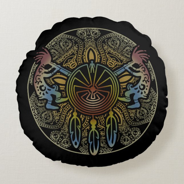 Kokopelli Duo - Man in het doolhof - Dreamcatcher  Rond Kussen (Voorkant)