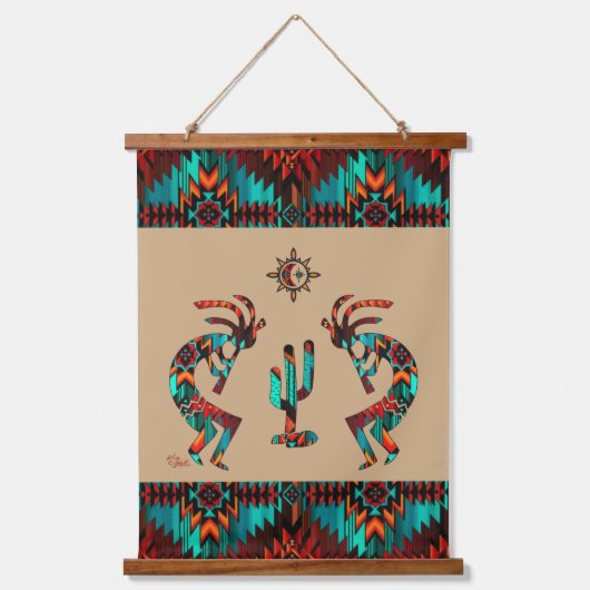 Kokopelli en cactus hangend wandkleed (Voorkant)